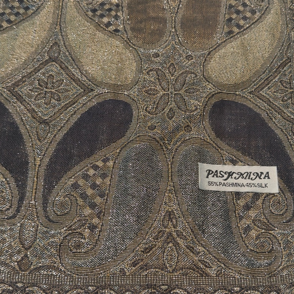 Pashmina Silk Paisley Scarf Gold Bronze Grey Metallic Jacquard Fringe Wrap Shawl - Picture 4 of 9